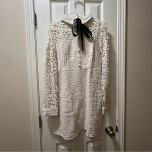 SHEIN Daisy Lace Sleeve Tie Neck Tweed Dress